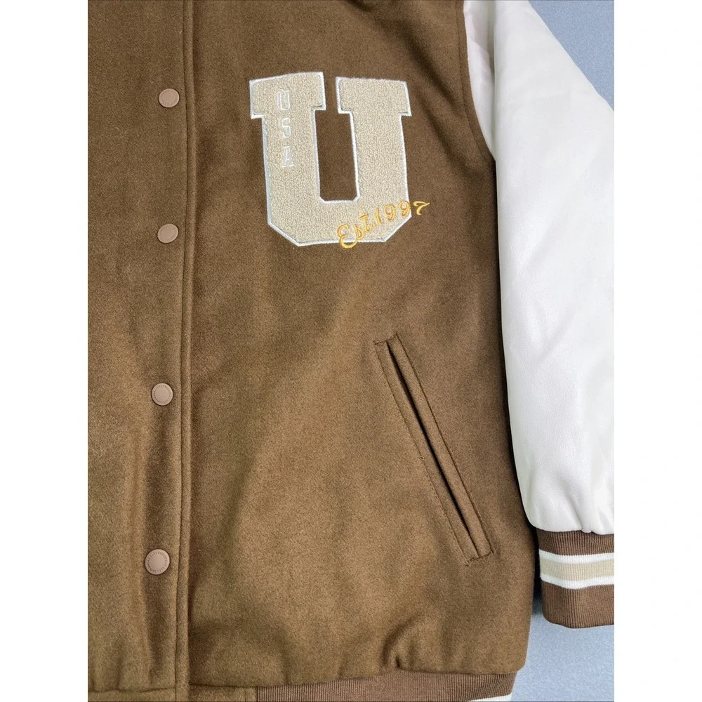 Zara Girls Letterman Snap Button PATCH VARSITY BROWN JACKET Size 13-14